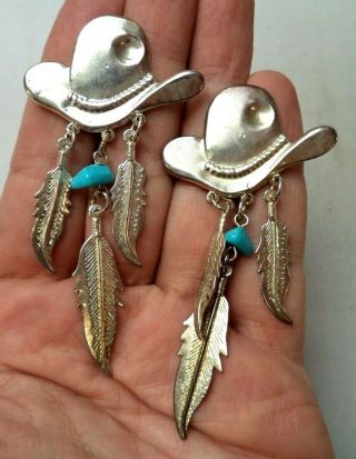 Stunning Vintage Estate Silver Tone Cow Boy Feather 3 1/4 " Stud Earrings 2797i