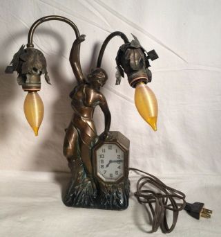Antique Art Deco Nouveau Bronze Figural Woman Schadow & Sons Ingraham Clock Lamp