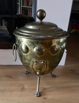 Antique Large Brass Coal Bucket With Lid,  Legs,  Claw Feet And Handles