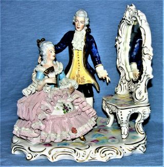 Antique Dresden Wilhelm Rittirsch Porcelain Lace Lady With Man At Mirror Figure