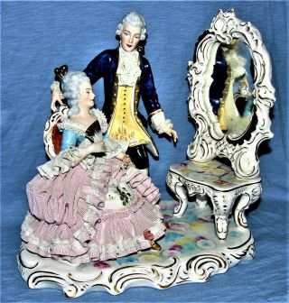 Antique Dresden Wilhelm Rittirsch Porcelain Lace Lady with Man at Mirror Figure 3