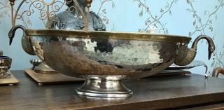 Large Footed Silver And Brass Bowl With Bird Handles (vintage)