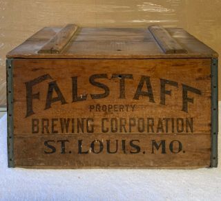 Antique Falstaff Beer Wood Crate With Hinged Lid