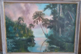 Vintage Florida Landscape Highwaymen Painting Signed E.  Lowell.  24 X 35 "