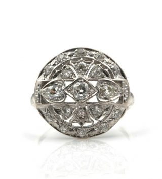 Antique Art Deco 18k Wg.  88 Ctw Old Mine Cut Diamond Round Shield Ring 826b - 2