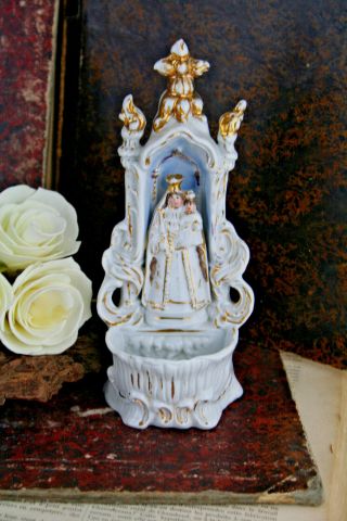 Antique Vieux Paris Porcelain Holy Water Font Madonna Child Religious 1900