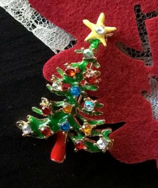 Vtg Rhinestone Christmas Tree Brooch Festive Bright Color Holiday Pin Jewlery