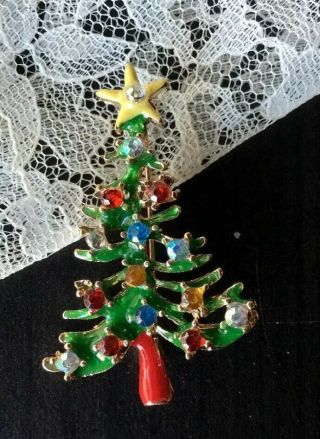 VTG Rhinestone Christmas Tree Brooch Festive Bright Color Holiday Pin Jewlery 2