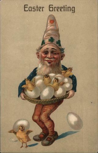 Easter Chicks Easter Greeting - Gnome With Eggs And Chicks Postcard Vintage