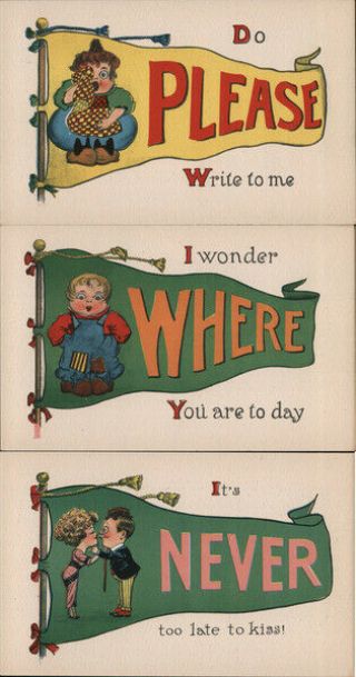 Banner,  Flag Set Of 3: Comic Pennants T.  P.  & Co.  Postcard Vintage Post Card