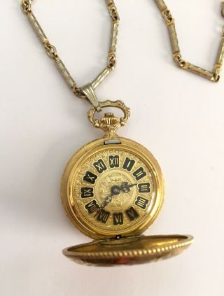Vintage Sheffield Swiss Made Pocket Watch Gold Tone Rose Floral W/ Chain Running