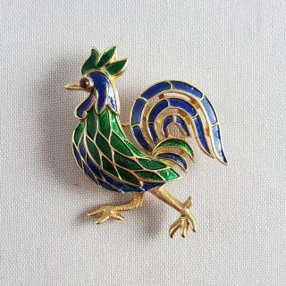 Vintage Gold Crown Trifari Cobalt Blue Green Enamel Rooster Cock Bird Brooch Pin