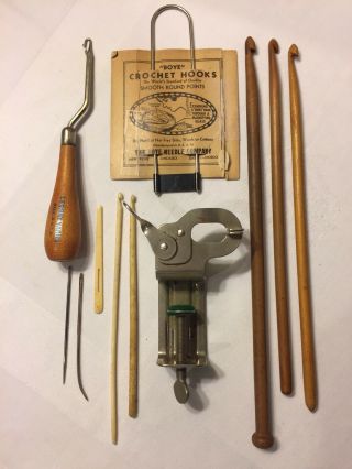 Vintage Sewing Tools.  Lg.  Wooden Crochet Hooks,  Clamp,  Crochet Fork,  Latch Hook