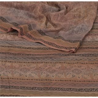Sanskriti Vintage Saree 100 Pure Crepe Silk Brown Printed Fabric 5Yd Craft Sari 2