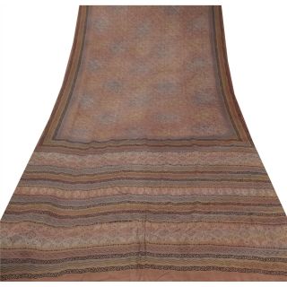 Sanskriti Vintage Saree 100 Pure Crepe Silk Brown Printed Fabric 5Yd Craft Sari 3