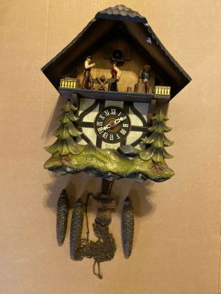 Vintage E.  Schmeckenbecher Cuckoo Clock West Germany Black Forest Sawmill 1968