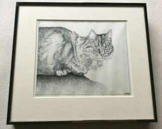 Vintage Framed Pen And Ink Drawing Of A Cat - Artist Signed & Dated 1985