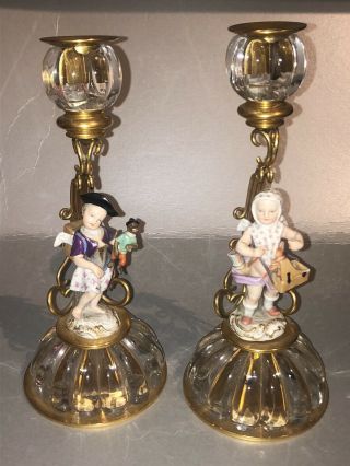 Rare Antique Meissen Porcelain Figure Glass & Ormolu Candlesticks