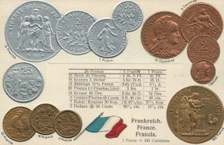 Vintage France Embossed Coins & Flag Postcard - Bronze Copper Gold & Silver
