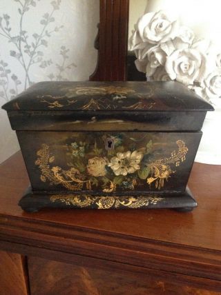 Attractive Antique Victorian Papier Mache Tea Caddy / Box C1840 - 50? Hand Painted