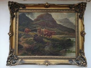 Antique Oil Painting Highland Cows Grazing On The Hills Attributed To W.  Watson