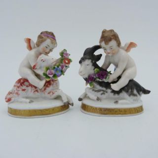 Pair Antique Sitzendorf Porcelain Figures Of Cherubs Riding Goat And Lamb Marked