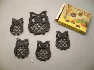 Vintage 5 Piece Cast Iron Owl Trivet Set Made In Taiwan