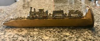 Vintage Handmade Gold Tone Railroad Spike Miniature Pewter Train Paperweight Art