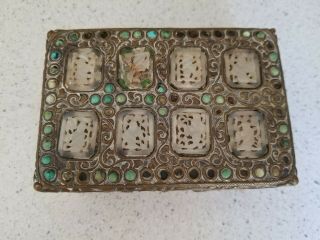 Vtg Ornate Metal Trinket Box Inset With Turquoise And Mother Of Pearl