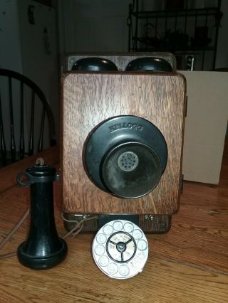 Antique Kellogg Automatic Electric Co Early 1900s Wood Box Rotary Spin Telephone
