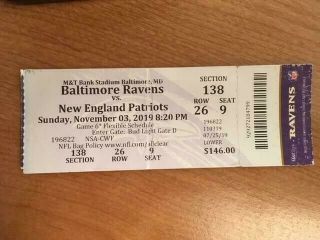 2019 Baltimore Ravens Tom Brady England Patriots Ticket Stub Ok Cond.  11/4