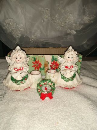 Set Of 2 Commodore Vintage 50s Japan Christmas Ceramic Angel Candle Holders