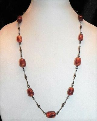 Vintage Faux Amber Bead Silver Wire 29 " Necklace Root Beer Color