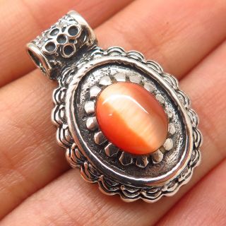 Vtg Mexico 925 Sterling Silver Synthetic Tiger Eye Ethnic Motif Pendant