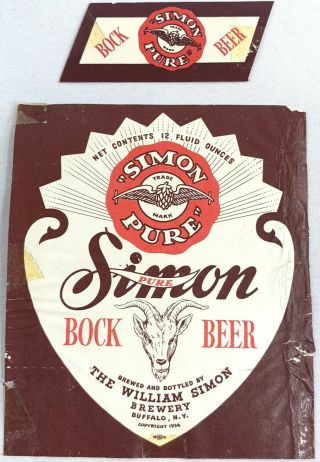 Vintage William Simon Brewery Bock Beer Label Buffalo York Ny Dated 1934 Ram