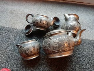 Antique Chinese Tung King Shun 4 piece Pewter Tea Set maybe 2 pairs 2