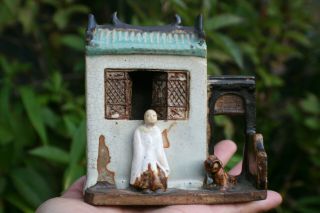 Antique Chinese Porcelain Pottery Hand Carved Painted House With Man Dog Figures