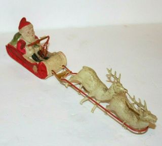Vintage Christmas Early Celluloid Santa Claus In Sleigh With Two Reindeer