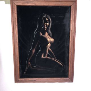 Vintage Nude Woman Black Velvet Painting Mid Century Girl Pinup Signed Retro