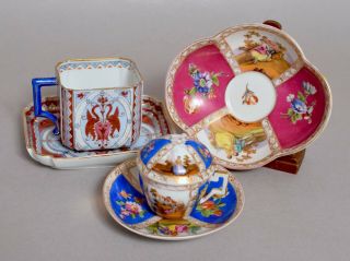 Fine Group Antique German Dresden Helena Wolfsohn Porcelain Tea Cup Saucers