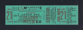 May 21,  1962 Mlb Cincinnati Reds @ Milwaukee Braves Full Baseball Ticket