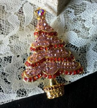 Vtg Rhinestone Christmas Tree Brooch Pink Stones Unique Festive Holiday Pin