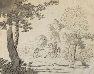 Early 18th Century Italian Old Master Drawing - Beggar & Horse & Rider Landscape