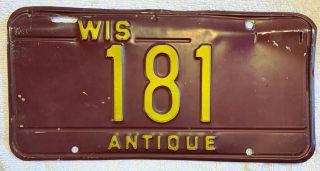 Wisconsin Antique Automobile License Plate Purple & Yellow,  No.  181