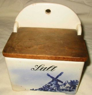 Antique Vintage Ceramic Wood Wall Salt Box Germany
