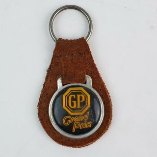 Vintage Gp Grand Prix Leather Keychain Fob Ring Brown W/ Metal Back Key Ring