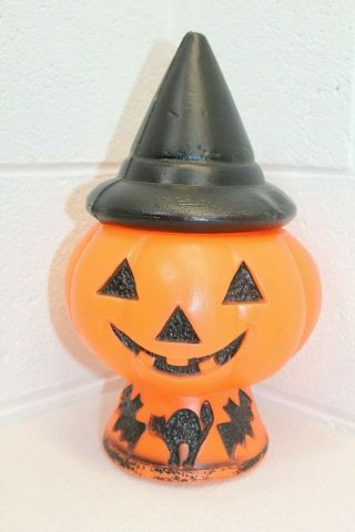 Vintage Halloween Blow Mold Pumpkin Witch Hat Black Cat Bats Light Up 13 "