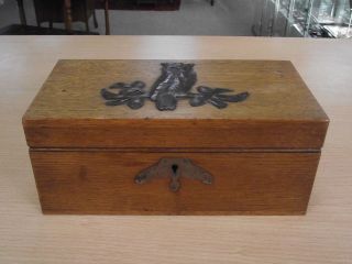 Antique Arts & Crafts Oak Box With Copper Owl On Lid