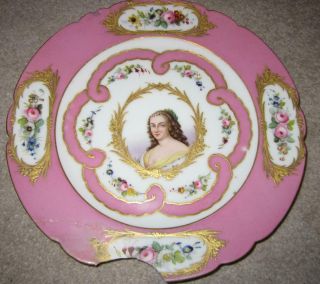Attractive Antique French Porcelain Sevres Style Plate - Duchesse De Longueville