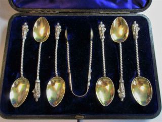 Set Of Six Antique Hallmarked Silver Apostle Spoons & Sugar Tongs C1886 - Cased